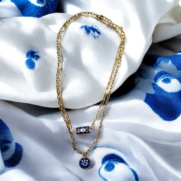Gold toned and Blue Evil Eye Necklace Set Layer or wear alone - Picture 10 of 16